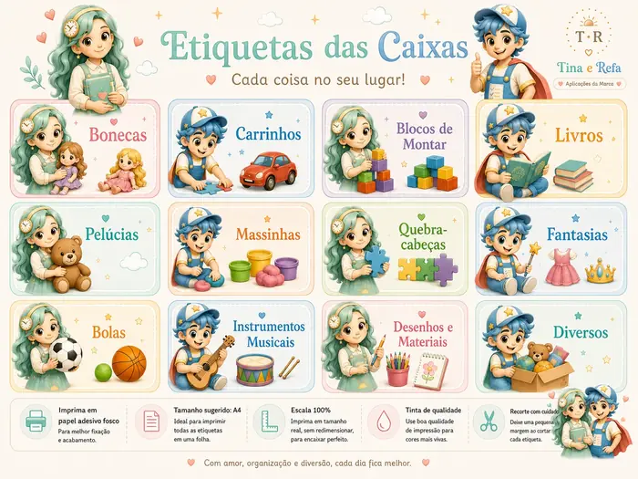 Página de etiquetas das caixas do kit Tina e Refa