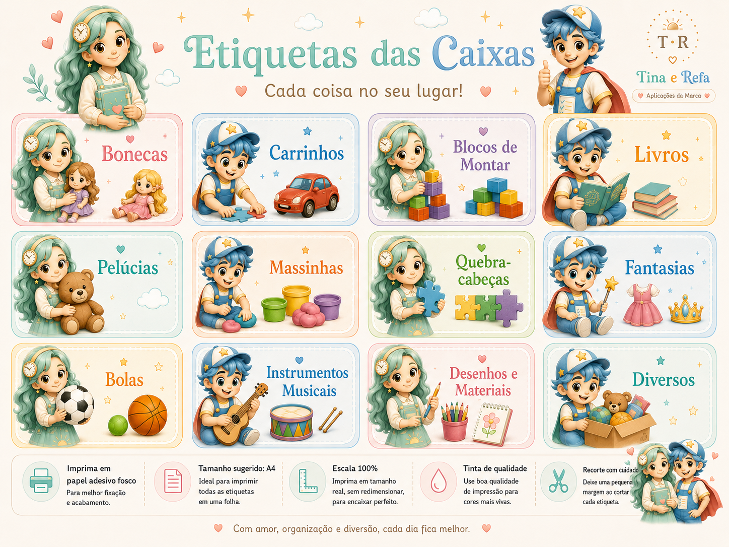 Página de etiquetas das caixas do kit Tina e Refa